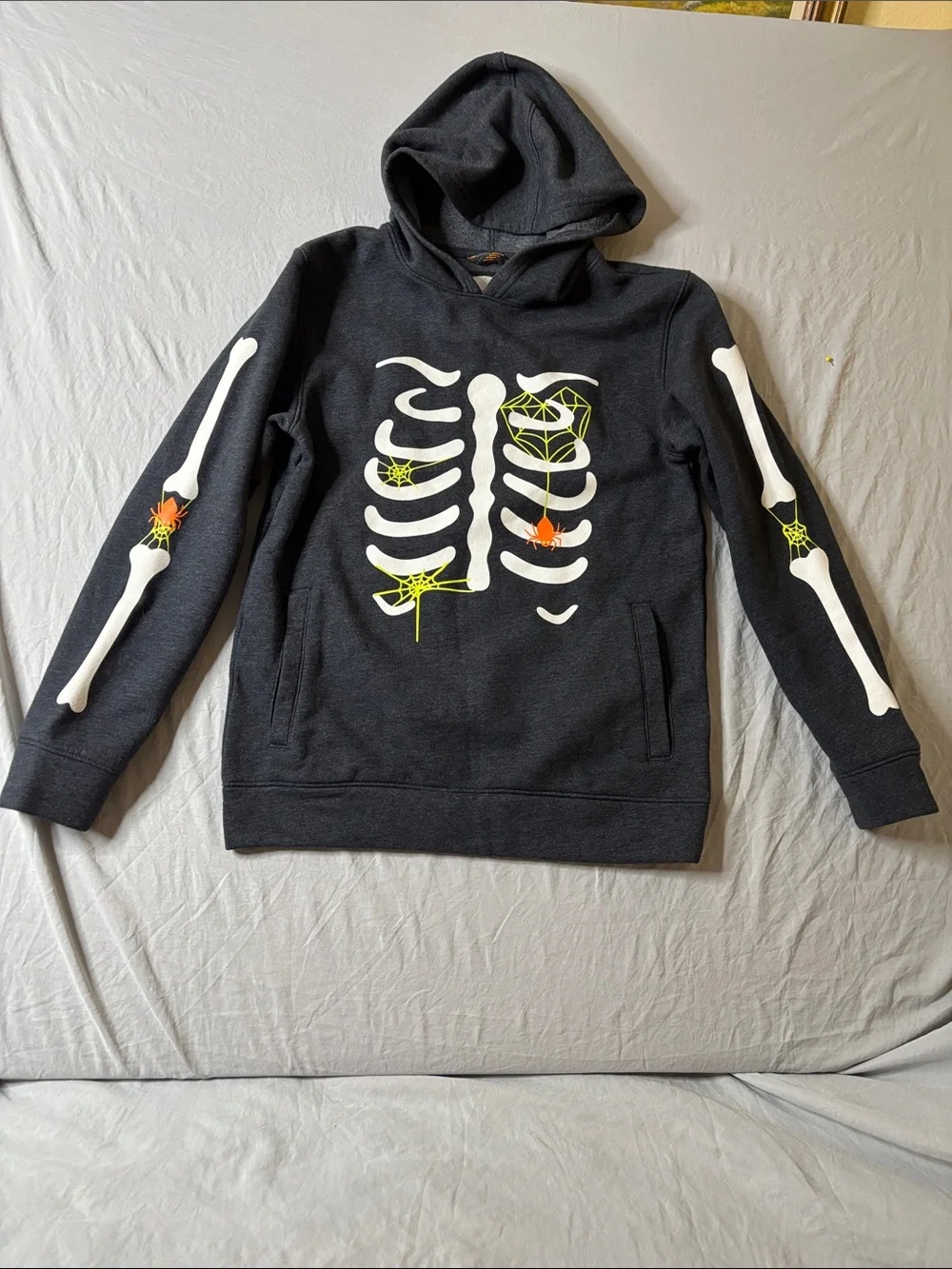 Cat & Jack Black Skeleton Graphic Hoodie Neon Spider Accents 2 front pockets